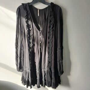 Free People Size Small Snow Angel Mini Dress Black Long Sleeve Bohemian Slip